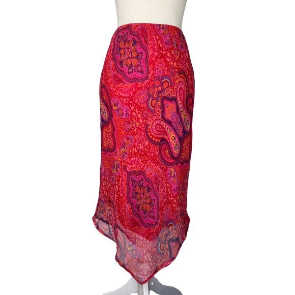 Moda International Dresses & Skirts - Y2K Boho Paisley Sheer Midi Skirt Red Pink Festival Retro Hippie Size 6